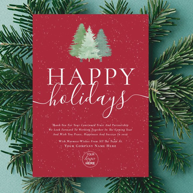 Logotipo moderno acuarela Árbol de Navidad Rojo Ne (Modern watercolor snowy woodland happy holidays company logo red business holiday card)