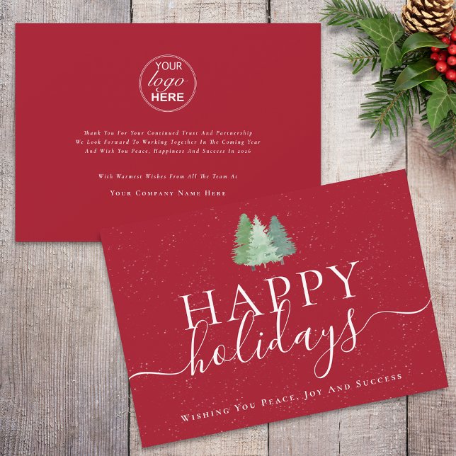 Logotipo moderno de árboles de Navidad Negocio roj (Modern watercolor snowy christmas trees logo happy holiday red business holiday card)