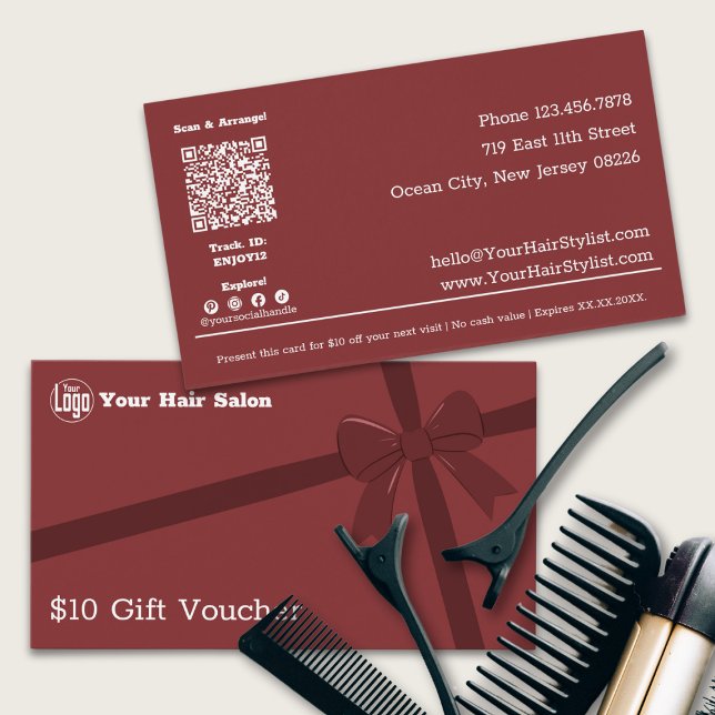 Logotipo simple Cinta de código QR $10 Tarjeta de  (Simple Logo QR Code Ribbon $10 Gift Voucher Card, Business Card Sized, Ribbon)