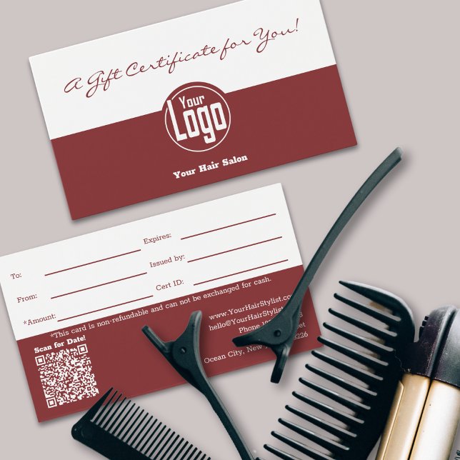 Logotipo simple Código QR Certificado de regalo de (Simple Logo QR Code Hairstylist Gift Certificate)