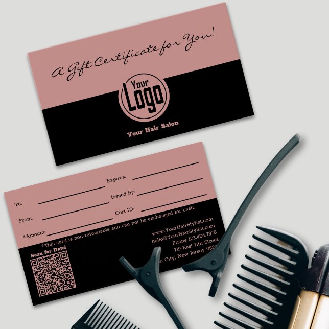 Logotipo simple Código QR Certificado de regalo pa (Simple Logo QR Code SMB Gift Certificate, Dual Color Tuscany Pink & Black)