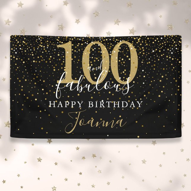 Lona 100 y fabuloso cumpleaños elegante oro y negro (100 and Fabulous Birthday Elegant Gold and Black Banner)