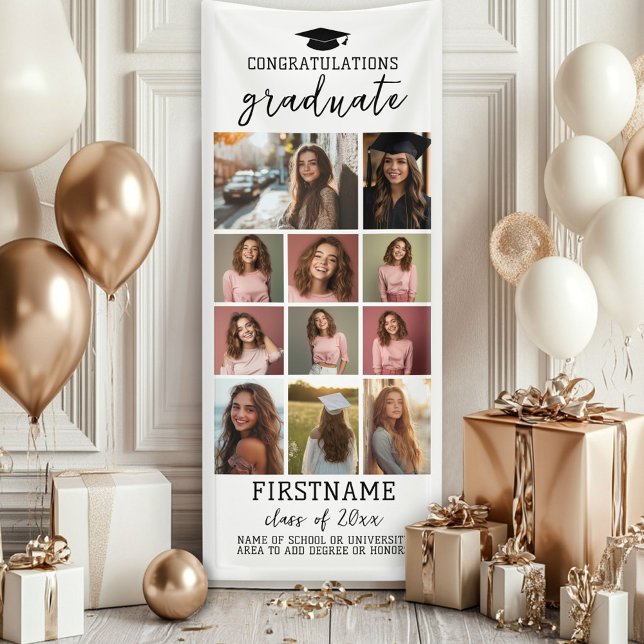 Lona 11 Graduación de Collage de fotos Blanco Mínimo Mo (Custom Graduation Photo Banner - Great backdrop and Graduation Party Decoration)