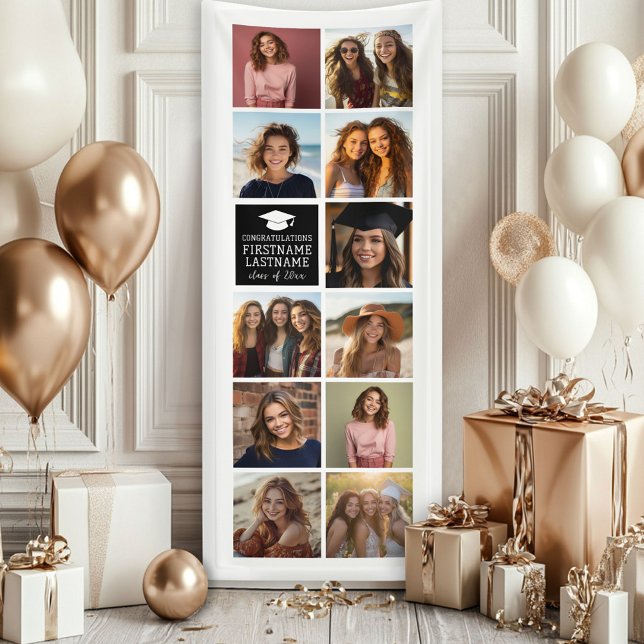 Lona 11 Graduación de Collage de fotos Blanco Mínimo Mo (Custom Graduation Photo Banner - Great backdrop and Graduation Party Decoration)