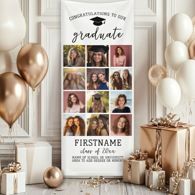 Lona 12 Graduación de Collage de fotos Blanco Mínimo Mo (Custom Graduation Photo Banner - Great backdrop and Graduation Party Decoration)