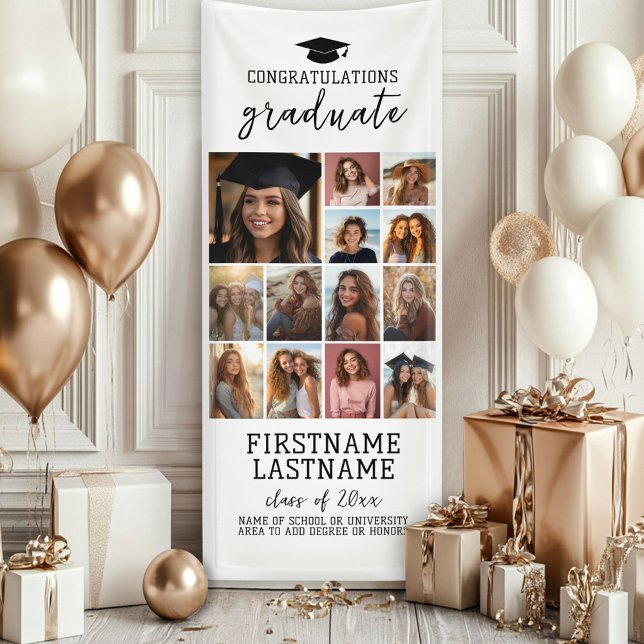 Lona 13 Graduación de Collage de fotos Blanco Mínimo Mo (Custom Graduation Photo Banner - Great backdrop and Graduation Party Decoration)