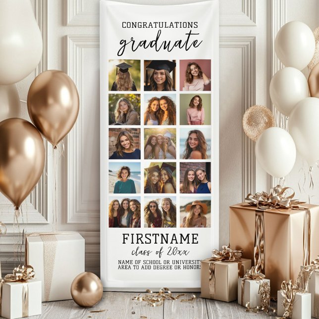 Lona 15 Graduación de Collage de fotos Blanco Mínimo Mo (Custom Graduation Photo Banner - Great backdrop and Graduation Party Decoration)