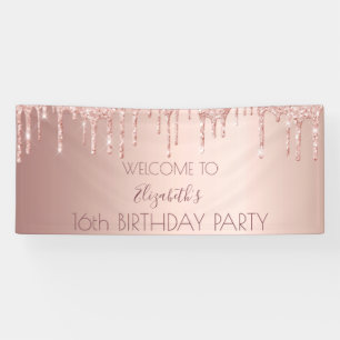 Lona 16.º cumpleaños rosa dorado goteo bienvenido