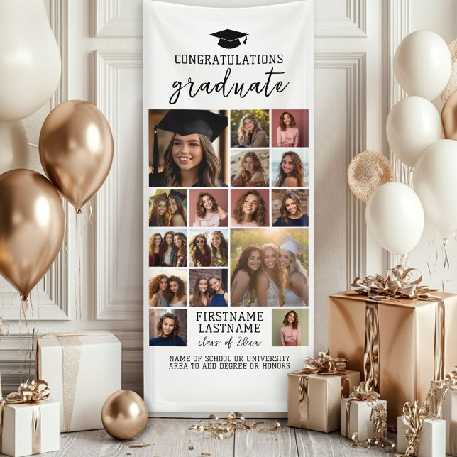 Lona 16 Graduación de Collage de fotos Blanco Mínimo Mo (Custom Graduation Photo Banner - Great backdrop and Graduation Party Decoration)
