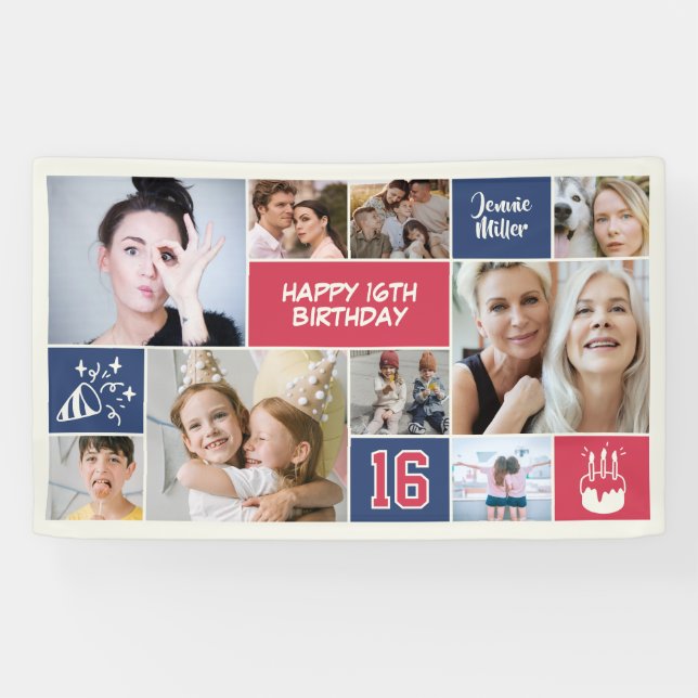 Lona 16th Birthday Custom Photo Collage Red Blue (Horizontal)