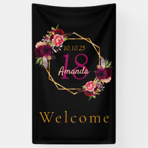 Lona 18 años negro floral oro geométrico burgundy