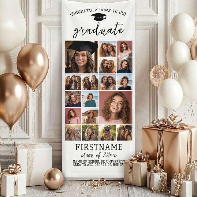 Lona 18 Graduación de Collage de fotos Blanco Mínimo Mo (Custom Graduation Photo Banner - Great backdrop and Graduation Party Decoration)