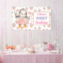 Lona 1.ᵉʳ cumpleaños Ballerina Pingüino Rosa
