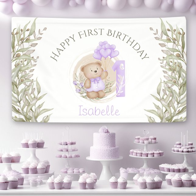 Lona 1.ᵉʳ cumpleaños Cute Purple Teddy Bear Greenery (1st Birthday Cute Purple Teddy Bear Greenery Banner)