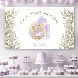 Lona 1.ᵉʳ cumpleaños Cute Purple Teddy Bear Greenery