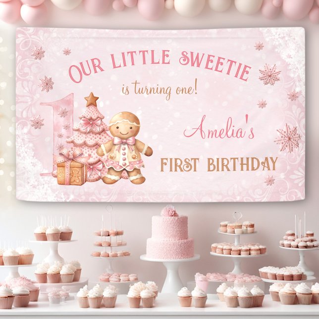 Lona 1.ᵉʳ cumpleaños Gingerbread Chicas Navidades rosad (1st Birthday Gingerbread Man Girl Pink Christmas Banner)