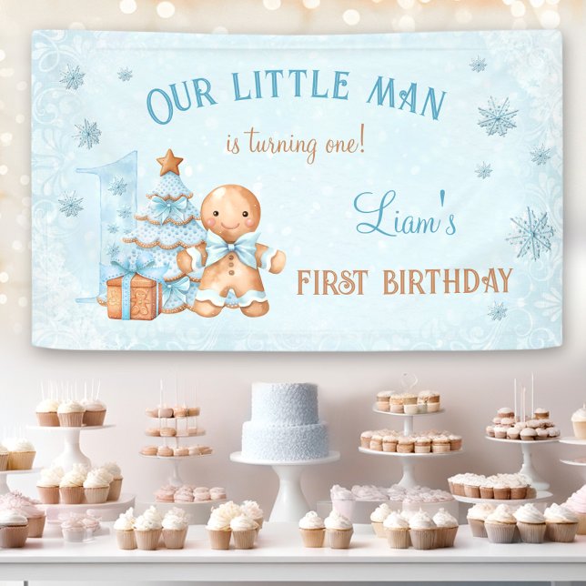Lona 1.ᵉʳ cumpleaños Gingerbread Man Boy Navidades Azul (1st Birthday Gingerbread Man Boy Blue Christmas Banner)
