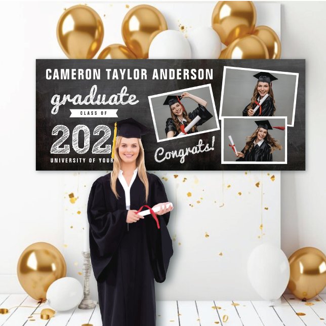 Lona 2023 Chalkboard Sketch 3 Collage de fotos Grad Fie (2024 Black Chalkboard & White Sketch 4 Photo Graduation Party Banner @ www.zazzle.com/color_therapy)