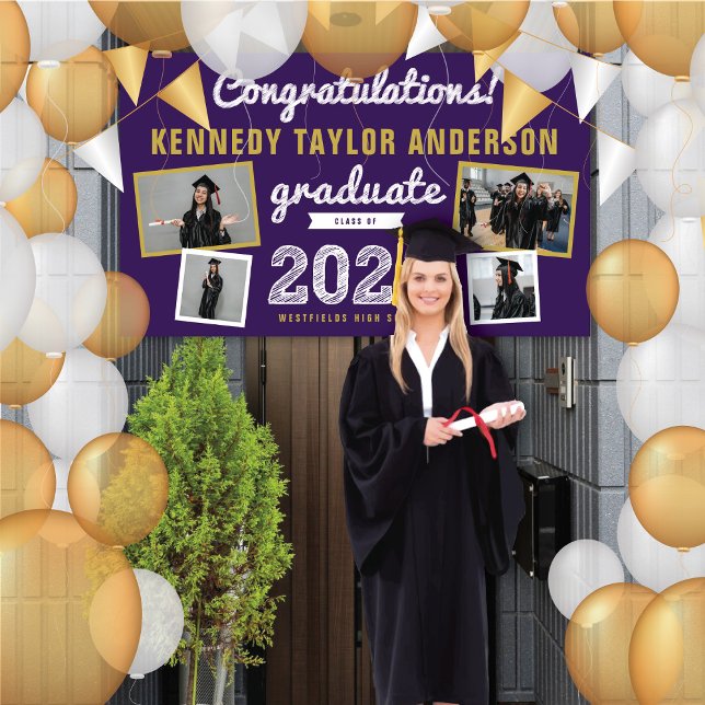 Lona 2025 Audaz Esbozo 4 Partido de Graduación de Fotos (2024 Purple & Gold Sketch 4 Photo Modern Graduation Party Banner @ www.zazzle.com/color_therapy)