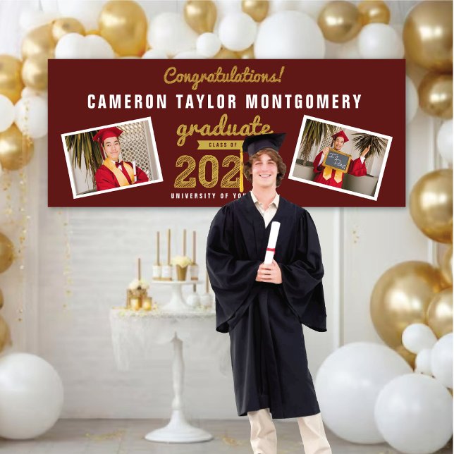 Lona 2025 Graduate Bold Sketch 2 Photo Graduation Party (2024 Burgundy Red & Gold Sketch 3 Photo, Graduation Party Banner @ www.zazzle.com/color_therapy)