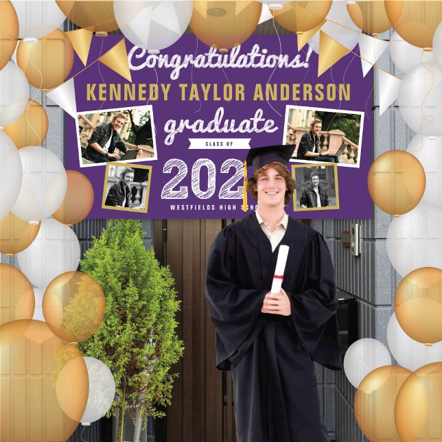 Lona 2025 Graduate Bold Sketch 4 Photo Graduation Party (2024 Purple And White Sketch, 4 Photo Modern Graduation Party Banner @ www.zazzle.com/color_therapy)