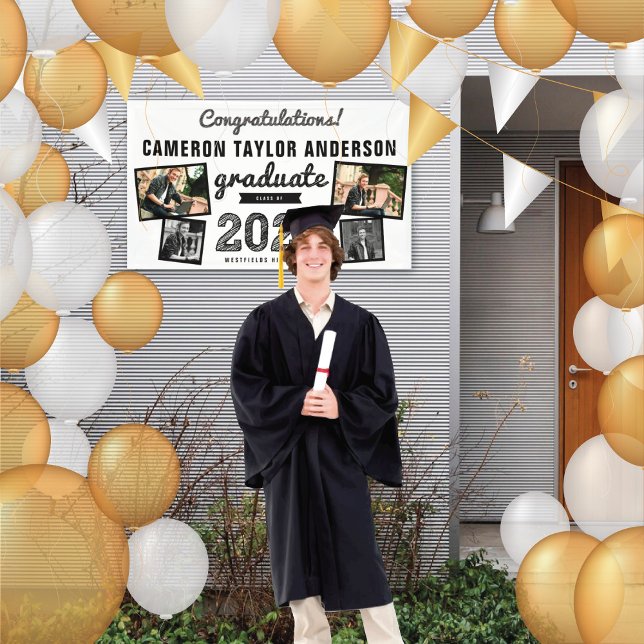 Lona 2025 Graduate Bold Sketch 4 Photo Graduation Party (2024 Black And White Sketch 4 Photo Modern Graduation Party Banner @ www.zazzle.com/color_therapy)