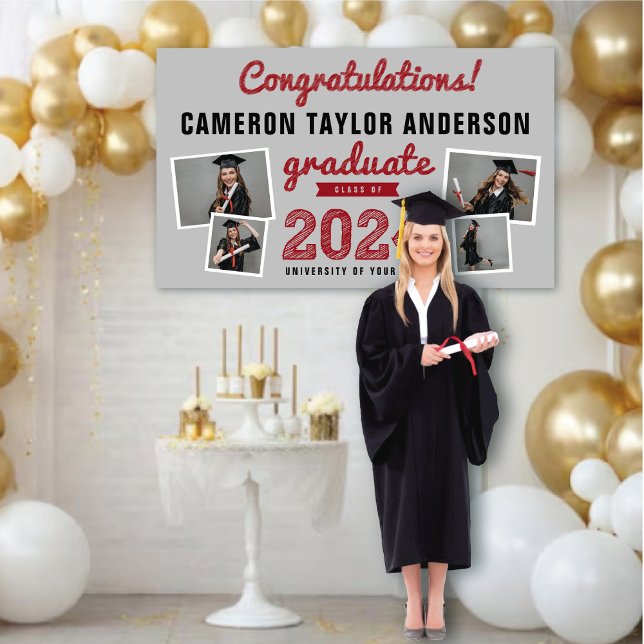 Lona 2025 Graduate Bold Sketch 4 Photo Graduation Party (2024 Light Grey & Red Sketch 4 Photo Modern Graduation Party Banner @ www.zazzle.com/color_therapy)