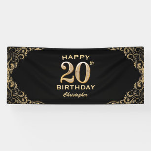 Lona 20.ª fiesta de cumpleaños marco negro y Purpurina
