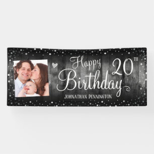 Lona 20.º cumpleaños Rustic Wood Photo Silver Confett