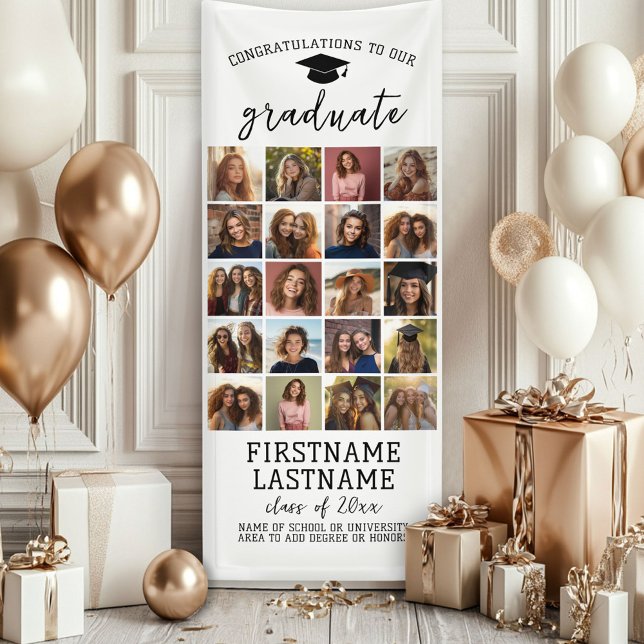 Lona 20 Collage de Fotos Graduación Minimalista Moderna (Custom Graduation Photo Banner - Great backdrop and Graduation Party Decoration)