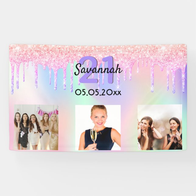 Lona 21 años goteo rosa morado foto bienvenida (Horizontal)