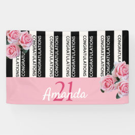 Lona 21 años rayas blancas negras flores rosadas