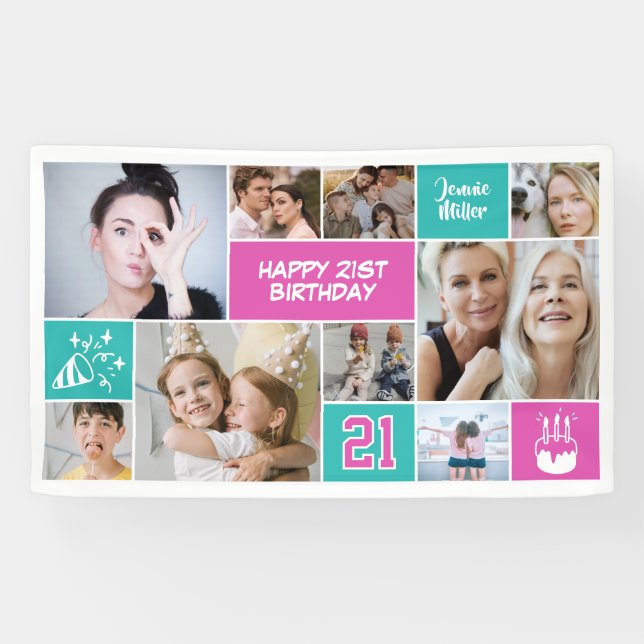 Lona 21st Birthday Custom Photo Collage Aqua Pink (Horizontal)