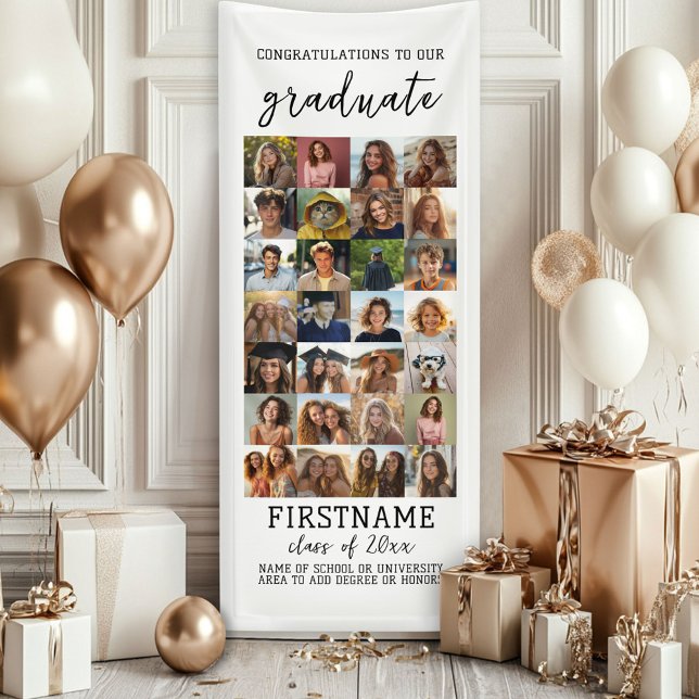 Lona 28 Graduación de Collage de fotos Blanco Mínimo Mo (Custom Graduation Banner - Great for a backdrop or Grad Party Decoration)