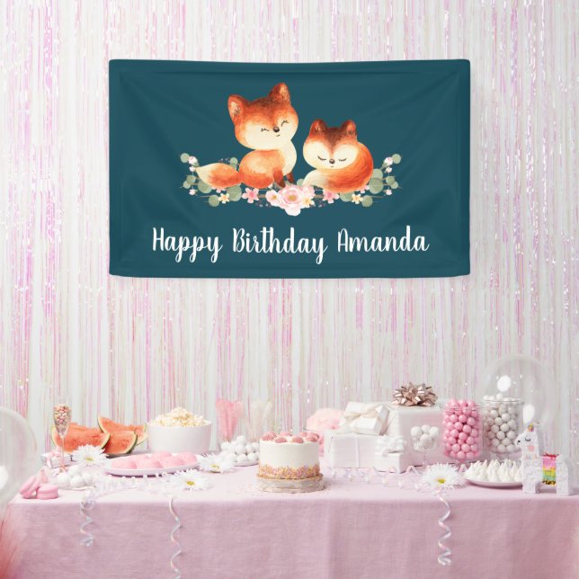 Lona 2 Cuto Little Red Foxes Watercolor Design Cumpleañ (Fiesta)