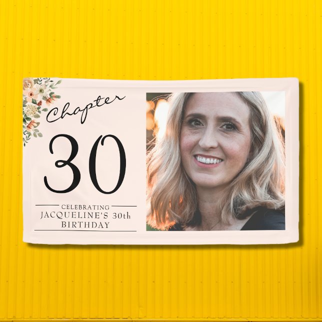 Lona 30.ª foto rosa floral (Create your own chic pink floral 30th birthday banner. Add your text and favorite photo.)