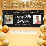 Lona 30.º Birthday String Lights Photo Name Black<br><div class="desc">Celebra un cumpleaños 30 o cualquier edad y/o decora para un fiesta con este cartel personalizado que incluye dos fotos (tal vez fotos de THEN y NOW) y luces de cuerdas doradas y blancas en tu elección de colores y/o estilo de fuente. El ejemplo se muestra con una tipografía de...</div>