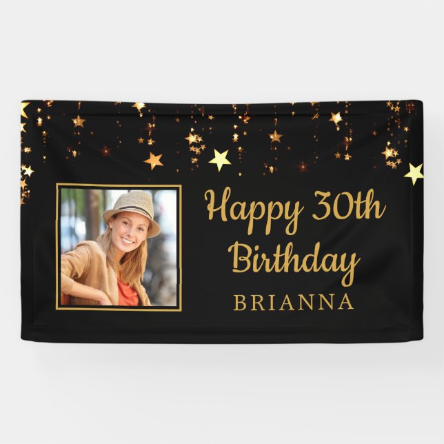 Lona 30.º cumpleaños Estrellas Negras y Oro personaliza (Horizontal)