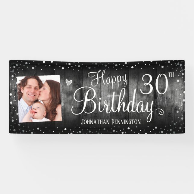 Lona 30.º cumpleaños Rustic Wood Photo Silver Confetti (Horizontal)