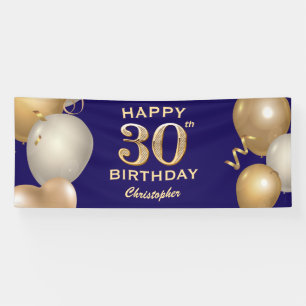Lona 30.º Fiesta de cumpleaños  Globos azules y de oro