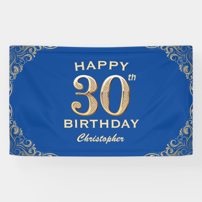 Lona 30.º marco Purpurina azul y dorado Fiesta de cumpl (Horizontal)