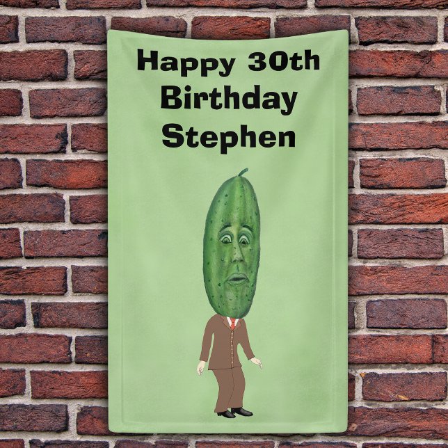 Lona 30th Birthday Man Green Pickle Head Face Suit (Funny man in suit green pickle with face for head on green Happy 30th Birthday backdrop.)