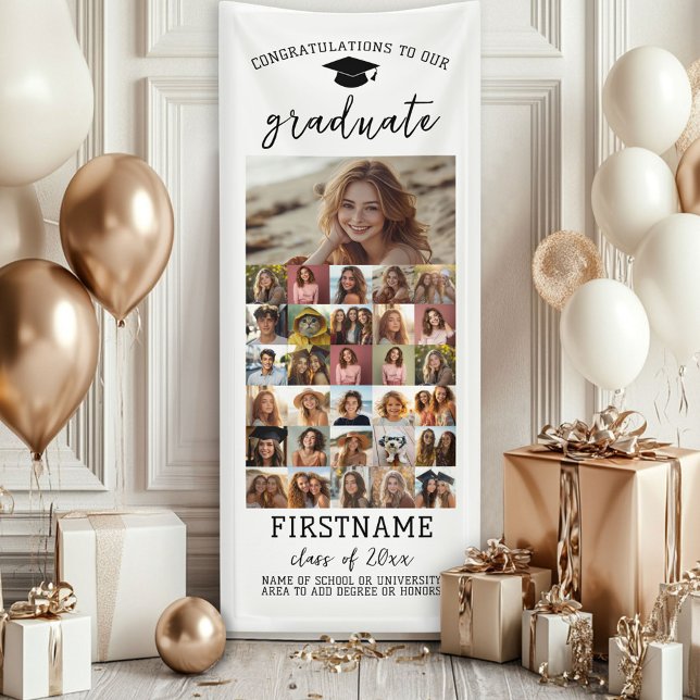 Lona 31 Foto - Graduación de blanco mínimo moderno (Custom Graduation Banner - Great for a backdrop or Grad Party Decoration)