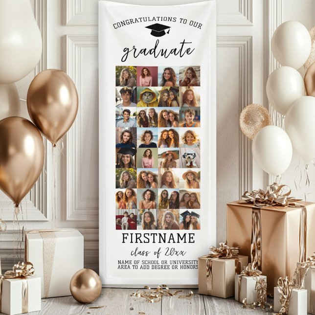 Lona 32 Foto - Graduación de blanco mínimo moderno (Custom Graduation Banner - Great for a backdrop or Grad Party Decoration)