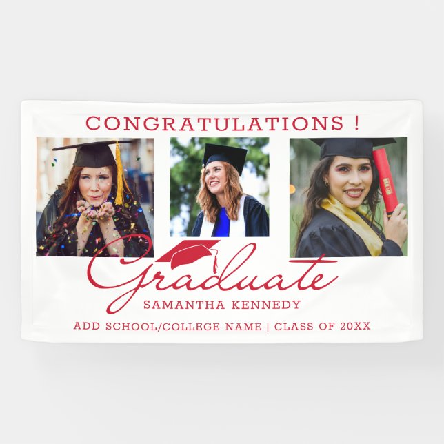 Lona 3 Felicidades de Collage de fotos Graduado Blanco  (Horizontal)