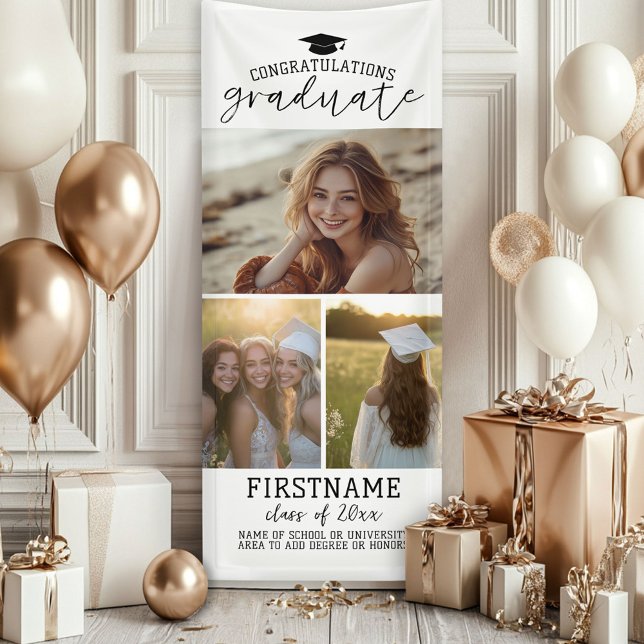 Lona 3 Graduación de Collage de fotos Blanco Mínimo mod (Custom Graduation Photo Banner - Great backdrop and Graduation Party Decoration)