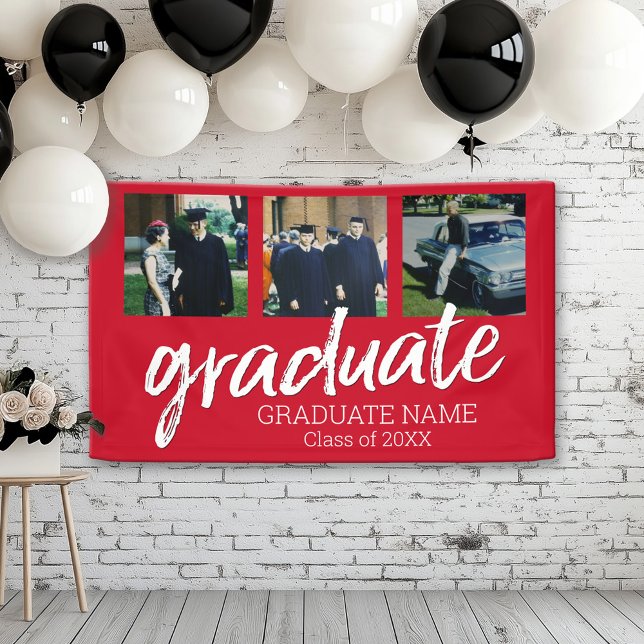 Lona 3 Graduación de fotos - Rojo de guión moderno para (Custom Graduation Banner for a Grad Party or Open House)