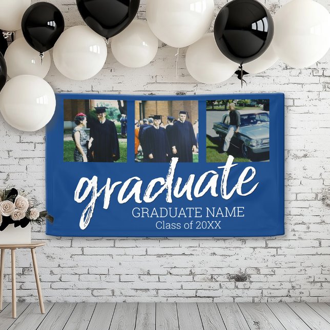 Lona 3 Graduación fotográfica - Azul estilo moderno de  (Custom Graduation Banner for a Grad Party or Open House)