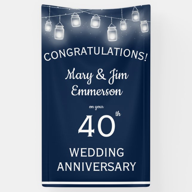 Lona 40.º Aniversario Boda Banner Navy White (Vertical)
