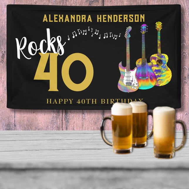 Lona 40.º Fiesta de cumpleaños Guitars de música rock a (Rock and roll black and gold music guitar 40th birthday party banner)